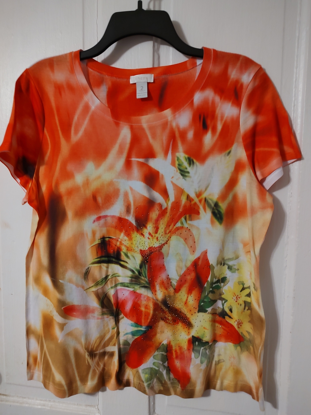 Chico's Orange Floral Short Sleeve Tee with Green Leaf Accents